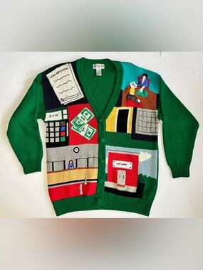 Rare  Vtg 90s P' Galli Designs Bank Money Novelty Cardigan Sweater Grandma Core